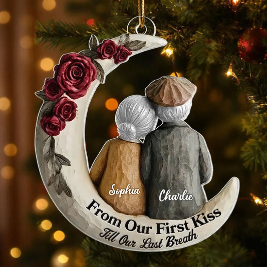 Couple On The Moon Faux Wood - Personalized Acrylic Ornament - Heartwarming Christmas Gift For Him, For Her, For Couple