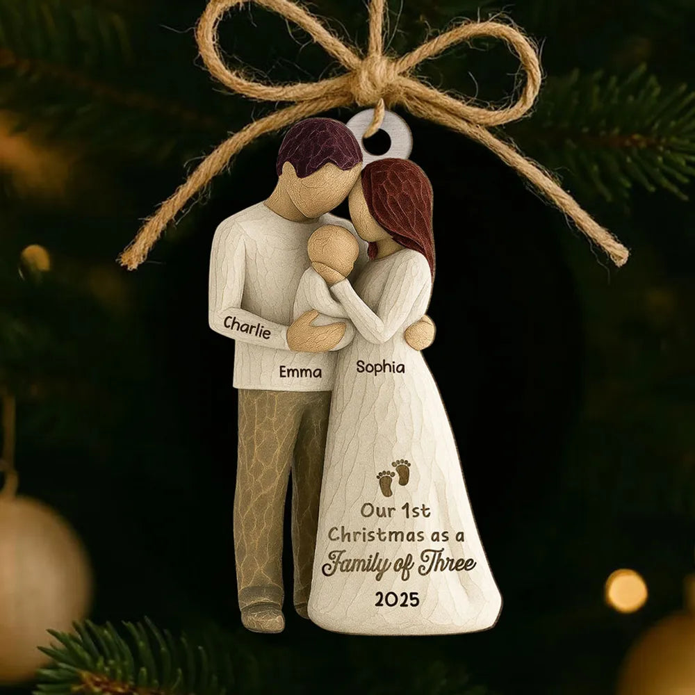 3D Effect First Christmas As Family Of Three Mom Dad & Baby - Personalized Wooden Ornament