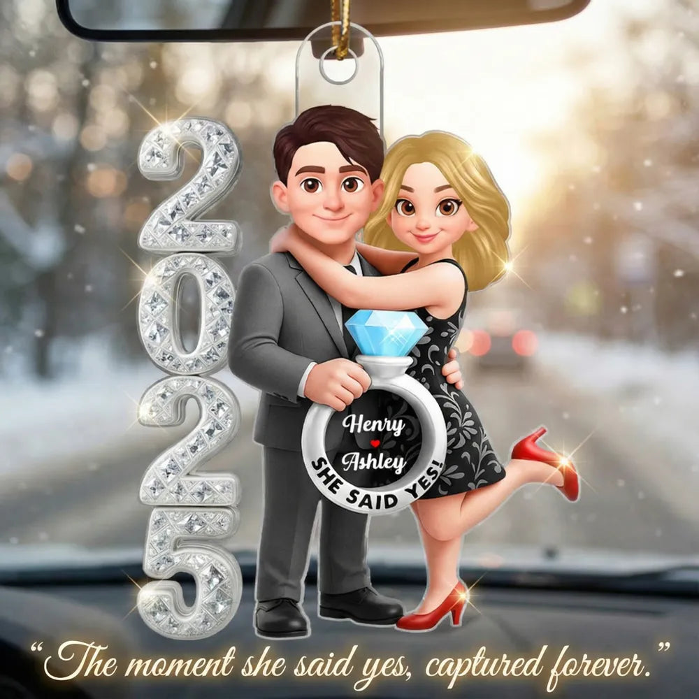 3D Crystal Effect Marriage Proposal Couple - Personalized Acrylic Ornament - Newly Engaged Gift, "She Said Yes!" Ornament