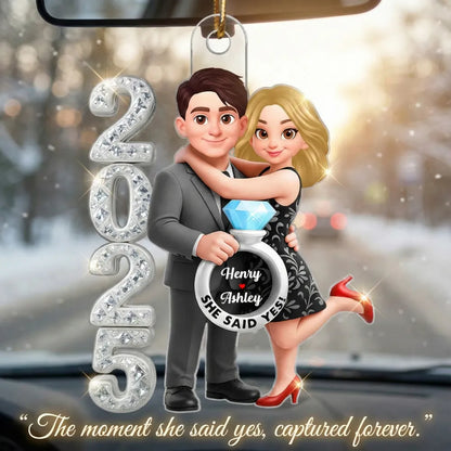 3D Crystal Effect Marriage Proposal Couple - Personalized Acrylic Ornament - Newly Engaged Gift, "She Said Yes!" Ornament
