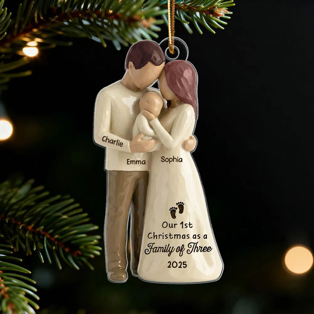3D Effect First Christmas As Family Of Three Mom Dad & Baby - Personalized Wooden Ornament