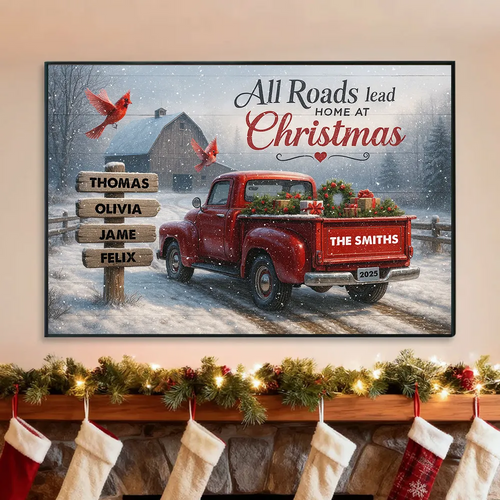All Roads Lead Home at Christmas - Personalized Poster - Family Christmas Sign with Names, Christmas Home Decor