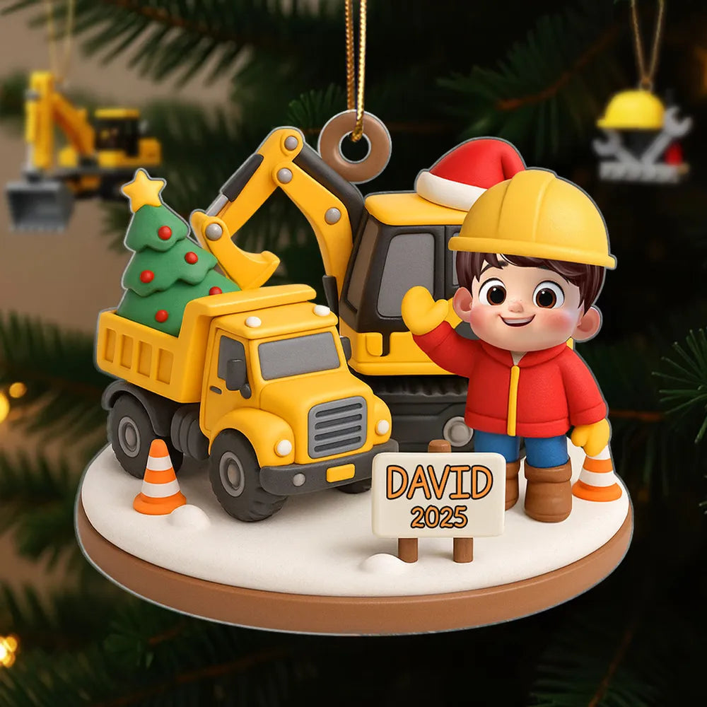 Cute Little Kid With Construction Struck - Personalized Acrylic Ornament - Christmas Gift for Kid, Grandkids
