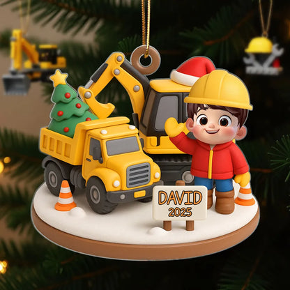 Cute Little Kid With Construction Struck - Personalized Acrylic Ornament - Christmas Gift for Kid, Grandkids