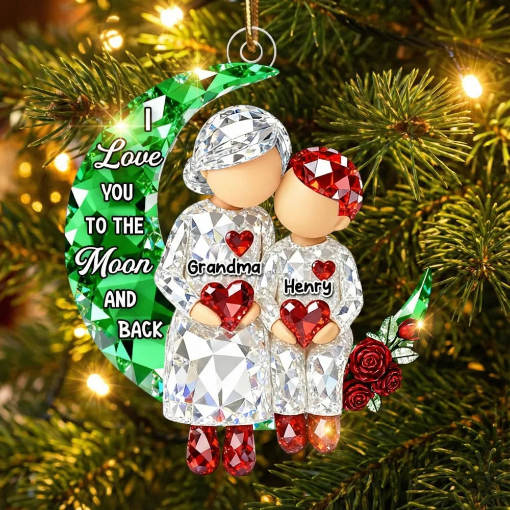 3D Crystal Effect Grandma Grandpa Grandkid Sitting on Moon - Personalized Acrylic Ornament - Christmas Gift for Grandma, Grandkids