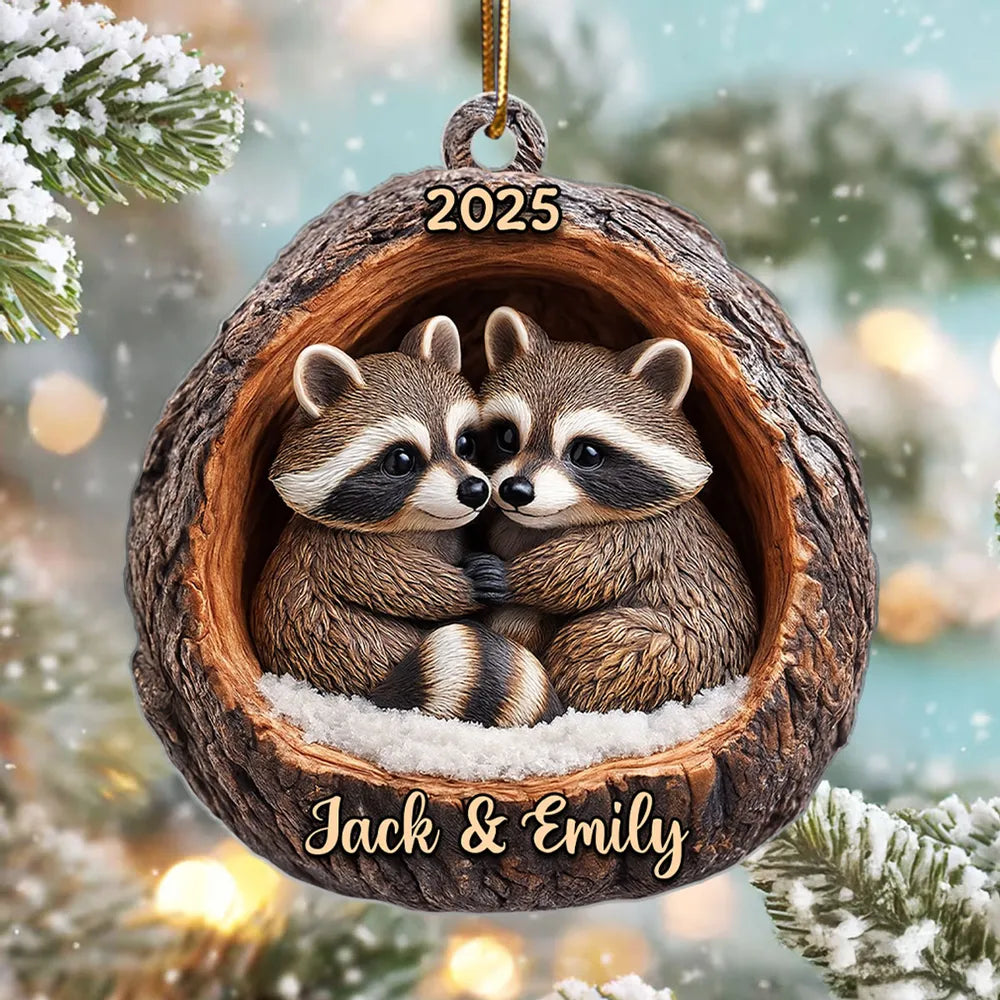 Funny Raccoon Couple 3D Wooden Effect - Personalized Acrylic Ornament - Christmas Gift for her, Gift for him