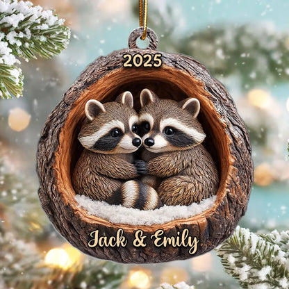 Funny Raccoon Couple 3D Wooden Effect - Personalized Acrylic Ornament - Christmas Gift for her, Gift for him