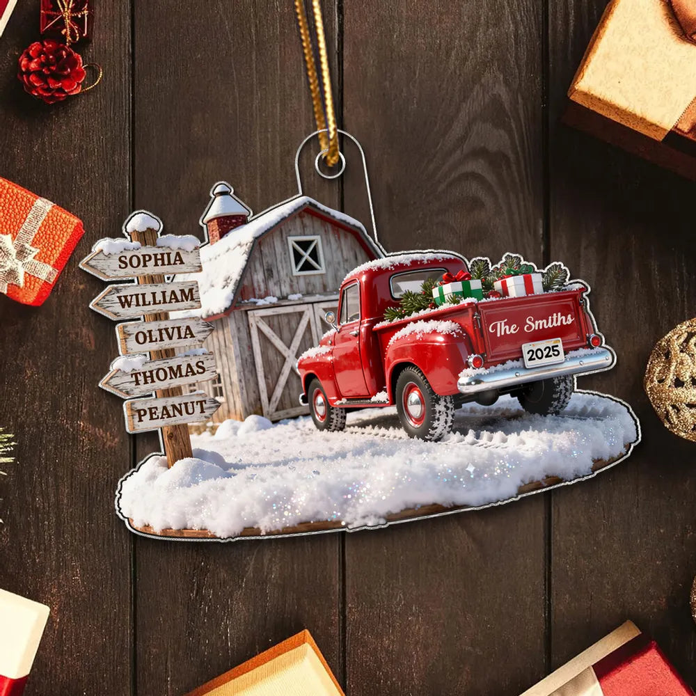 3D Effect Nostalgia Christmas Truck Barn House Family Sign Posts Custom Names - Personalized Acrylic Ornament - Gift For Family, Farmhouse Decor