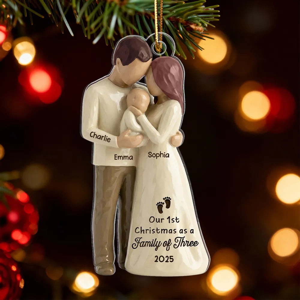 3D Effect First Christmas As Family Of Three Mom Dad & Baby - Personalized Wooden Ornament