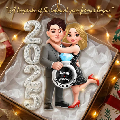 3D Crystal Effect Marriage Proposal Couple - Personalized Acrylic Ornament - Newly Engaged Gift, "She Said Yes!" Ornament