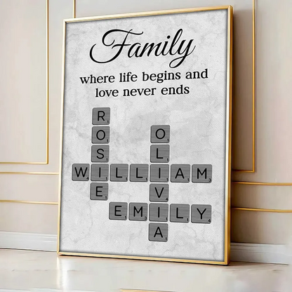 Family Where Life Begins and Love Never Ends Crossword - Personalized Poster - Sentimental Gift for Loved Ones