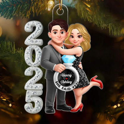 3D Crystal Effect Marriage Proposal Couple - Personalized Acrylic Ornament - Newly Engaged Gift, "She Said Yes!" Ornament