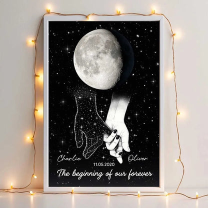 Galaxy Night Couple Holding Hands Custom Moon Phase Anniversary Date - Personalized Poster - Heartfelt Anniversary Gift, Valentine Gift, Wedding Gift For Couple