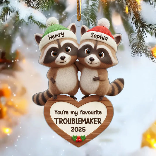 Raccoon Couple Favorite Troublemaker - Personalized Acrylic Ornament - Christmas Gift for Newlyweds