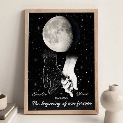 Galaxy Night Couple Holding Hands Custom Moon Phase Anniversary Date - Personalized Poster - Heartfelt Anniversary Gift, Valentine Gift, Wedding Gift For Couple