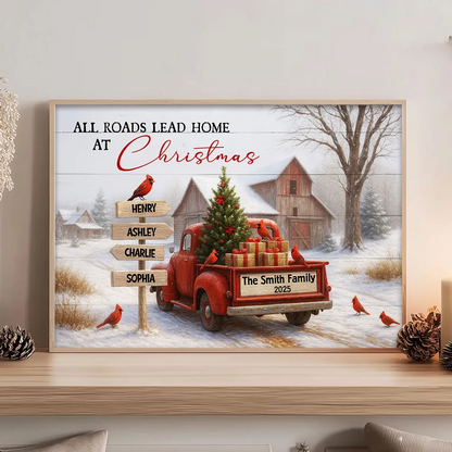 All Roads Lead Home at Christmas Rustic Farmhouse - Personalized Poster - Family Christmas Sign with Names, Christmas Home Decor