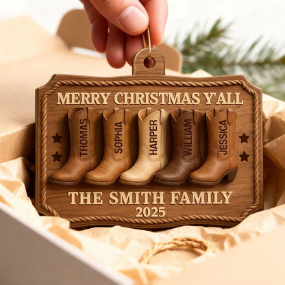 3D Effect Christmas Family Cowboy Boots Merry Christmas Y'all - Personalized Wooden Ornament - Gift For Family