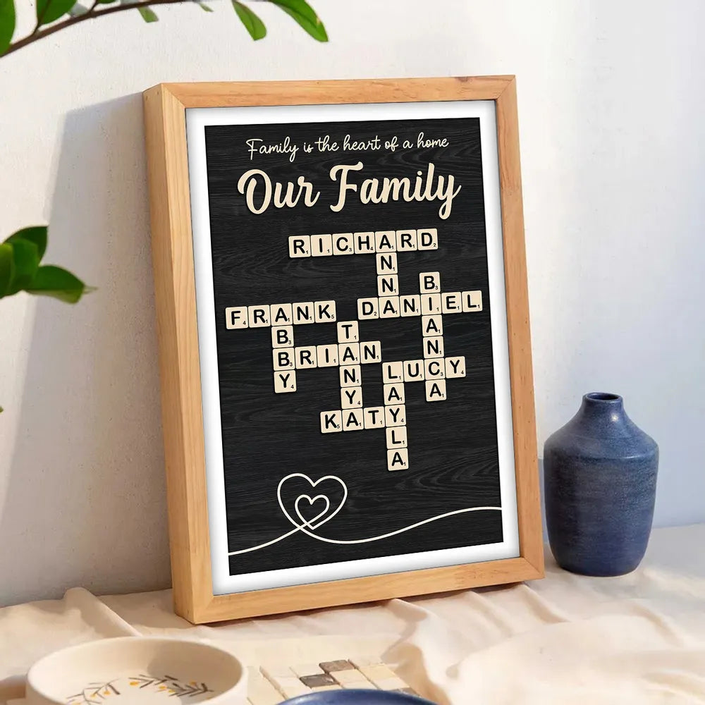 Family is the Heart of the Home Crossword Art - Personalized Poster - Unique Gift for Parents Grandparents