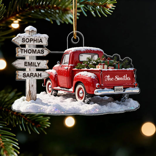3D Effect Nostalgia Christmas Truck Family Sign Posts Custom Names - Personalized Acrylic Ornament - Gift For Family, Farmhouse Decor