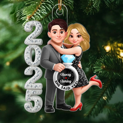 3D Crystal Effect Marriage Proposal Couple - Personalized Acrylic Ornament - Newly Engaged Gift, "She Said Yes!" Ornament