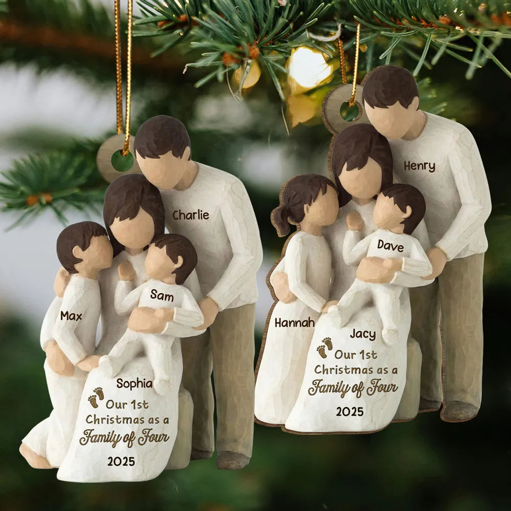 3D Effect First Christmas As Family Of Four - Personalized Wooden Ornament
