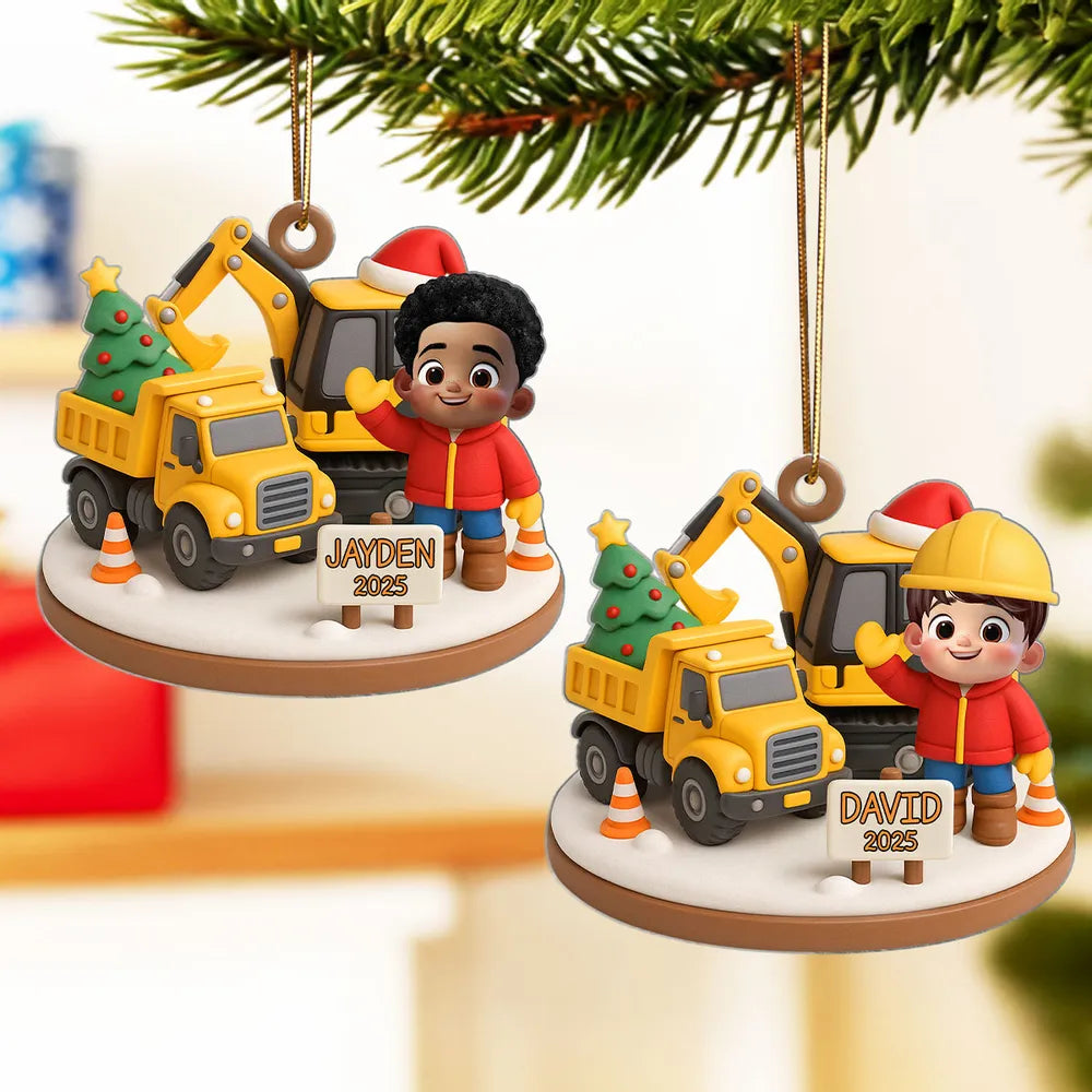 Cute Little Kid With Construction Struck - Personalized Acrylic Ornament - Christmas Gift for Kid, Grandkids