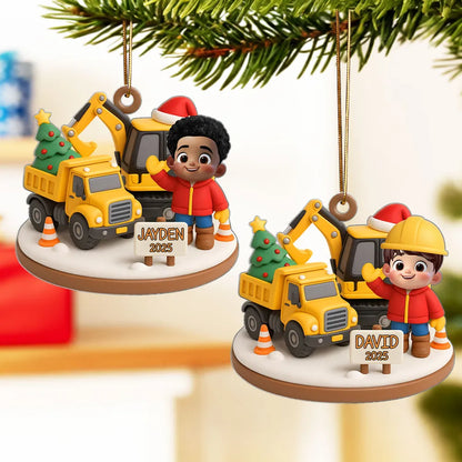Cute Little Kid With Construction Struck - Personalized Acrylic Ornament - Christmas Gift for Kid, Grandkids