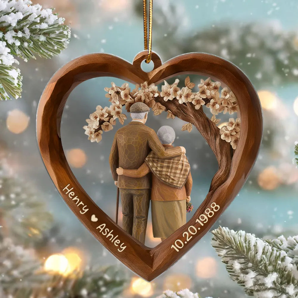 Old Couple Walking Together 3D Wooden Effect - Personalized Acrylic Ornament - Christmas Gift for Couples