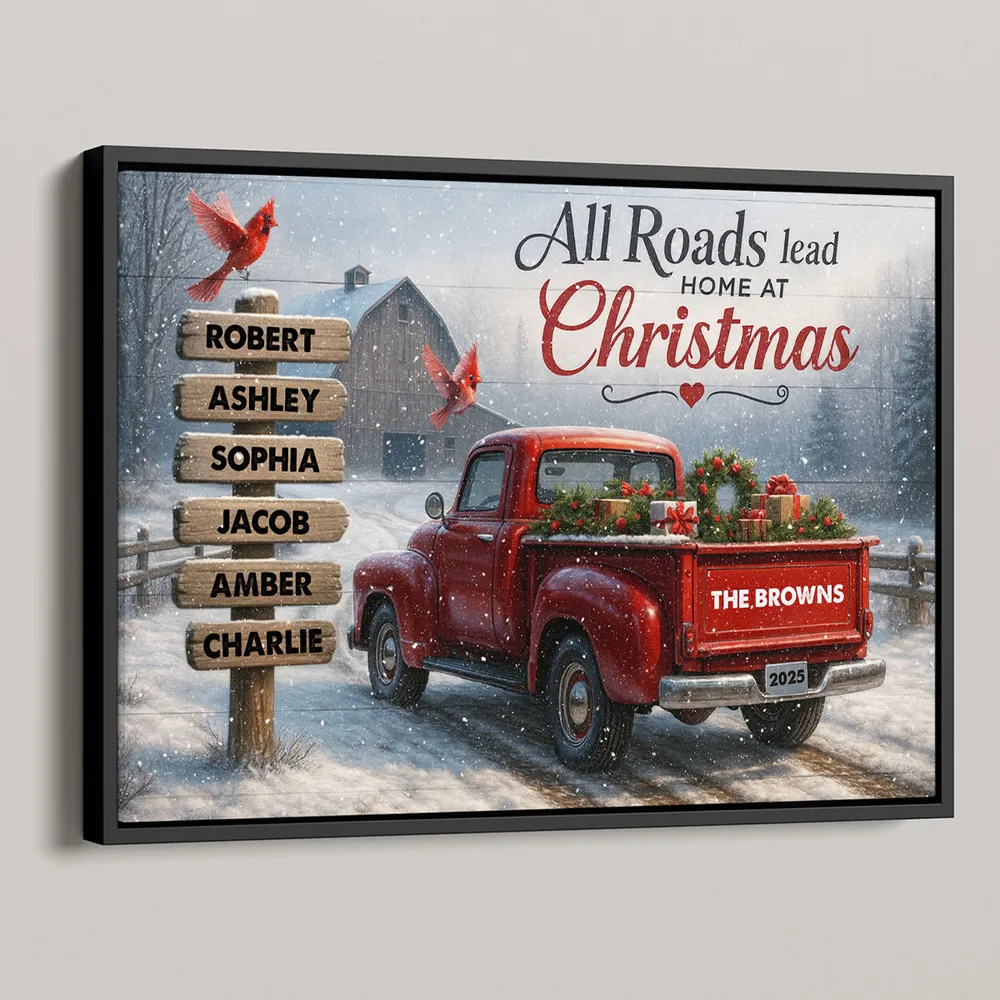 All Roads Lead Home at Christmas - Personalized Poster - Family Christmas Sign with Names, Christmas Home Decor