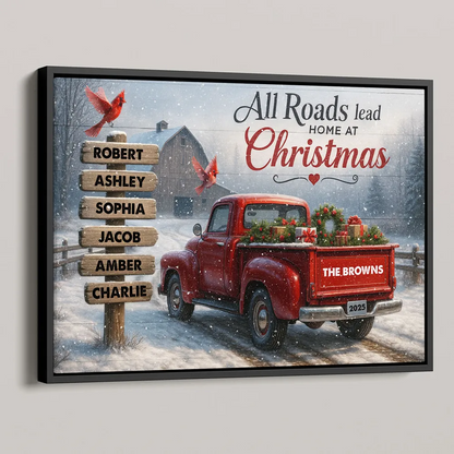 All Roads Lead Home at Christmas - Personalized Poster - Family Christmas Sign with Names, Christmas Home Decor