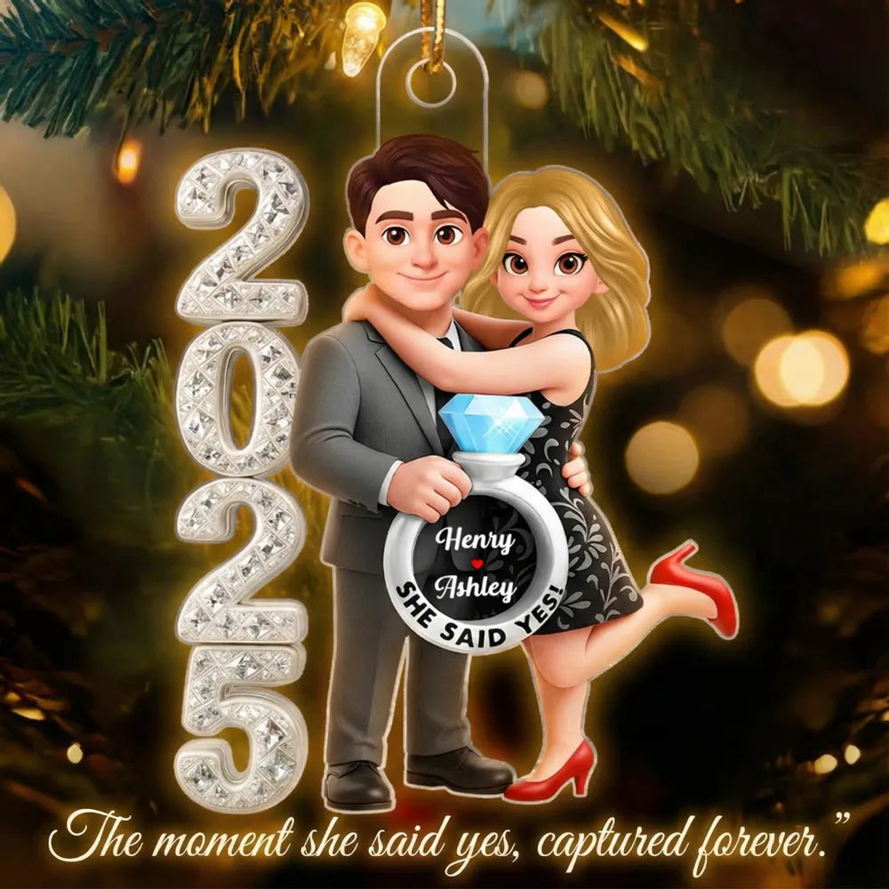3D Crystal Effect Marriage Proposal Couple - Personalized Acrylic Ornament - Newly Engaged Gift, "She Said Yes!" Ornament