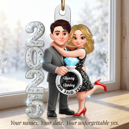 3D Crystal Effect Marriage Proposal Couple - Personalized Acrylic Ornament - Newly Engaged Gift, "She Said Yes!" Ornament