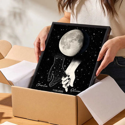 Galaxy Night Couple Holding Hands Custom Moon Phase Anniversary Date - Personalized Poster - Heartfelt Anniversary Gift, Valentine Gift, Wedding Gift For Couple