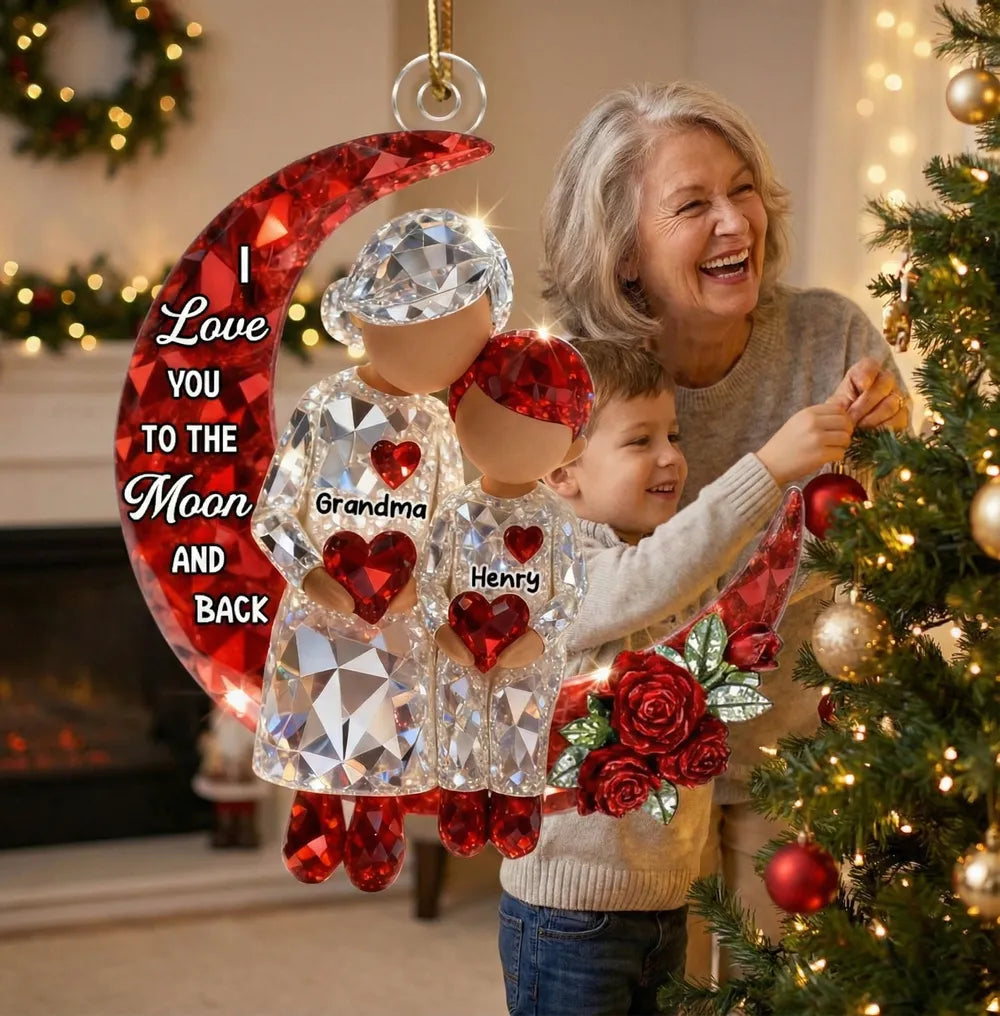 3D Crystal Effect Grandma Grandpa Grandkid Sitting on Moon - Personalized Acrylic Ornament - Christmas Gift for Grandma, Grandkids