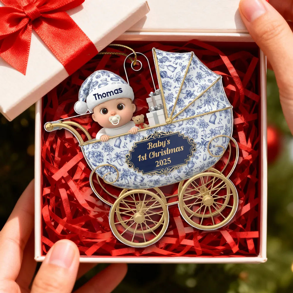 3D Effect Toile De Jouy Pattern Baby Inside Stroller - Personalized Acrylic Ornament - Baby First Christmas Keepsake