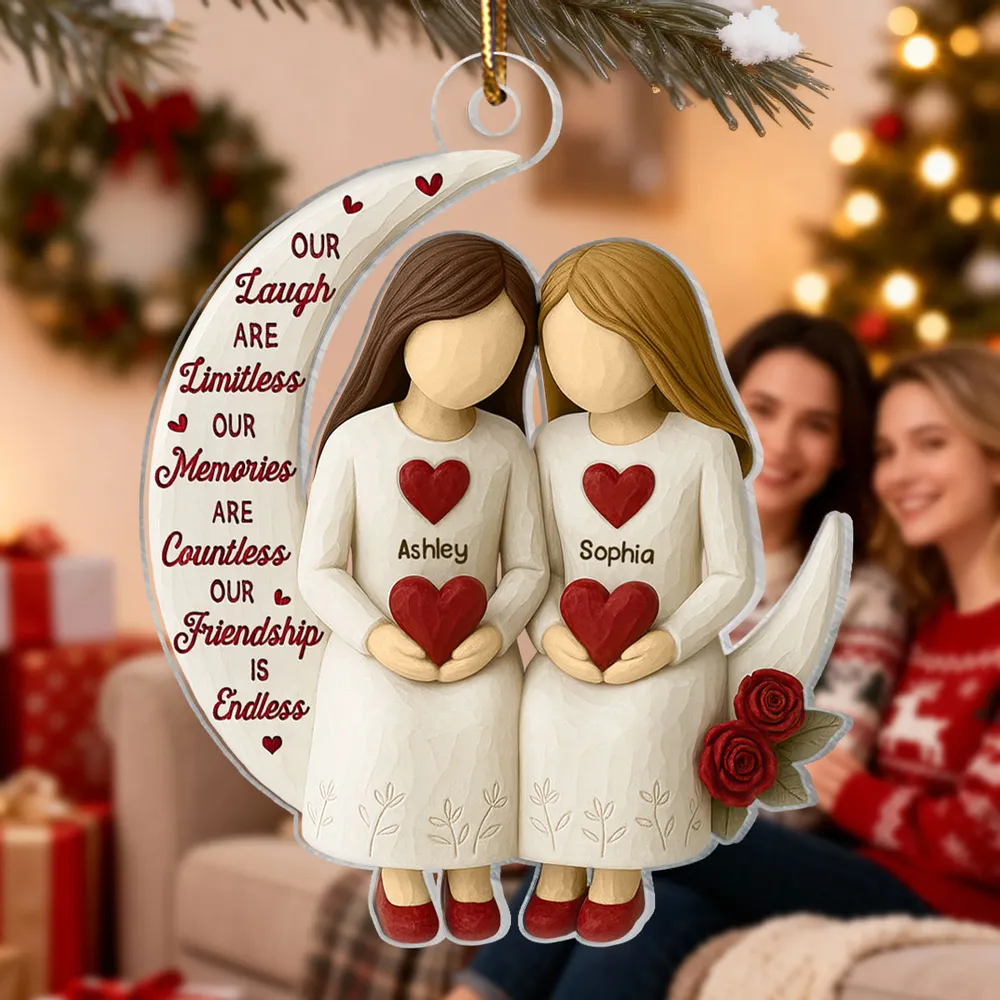 3D Effect Roses Besties On Moon - Personalized Ornament - Christmas Gift For Best Friends