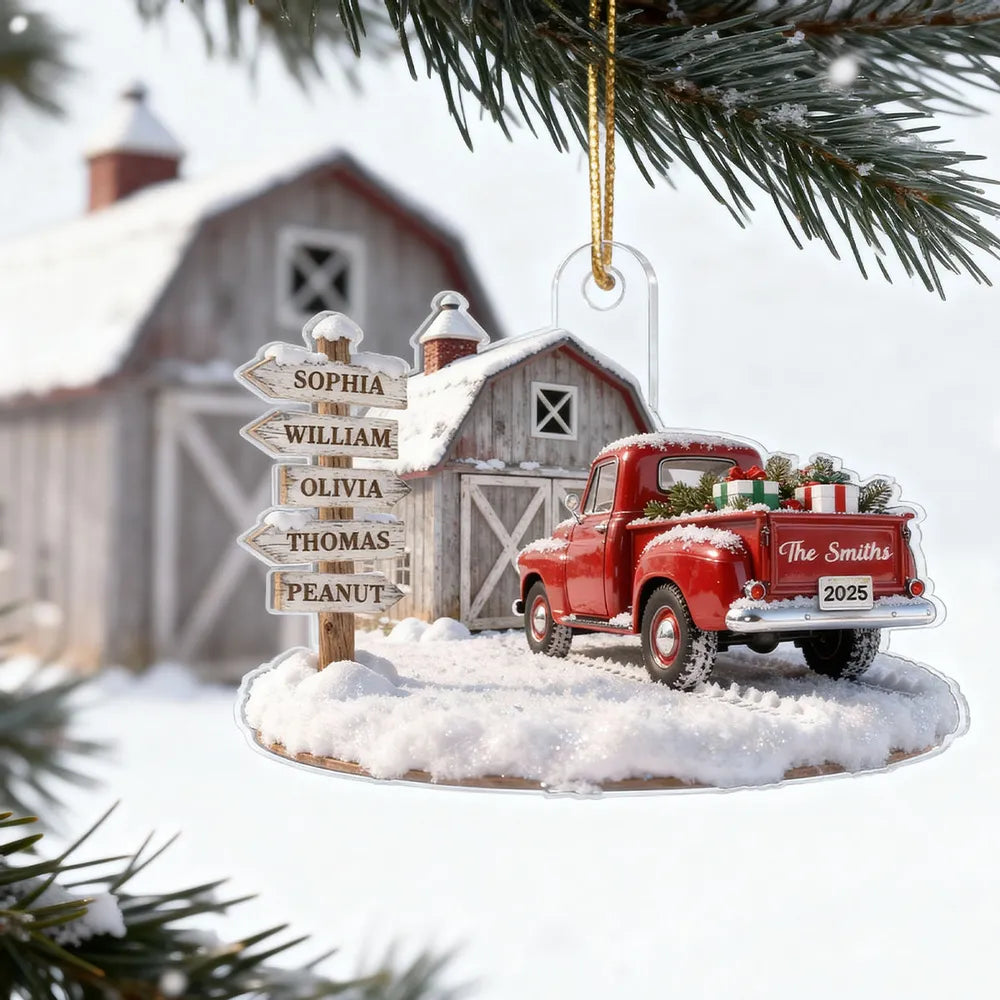 3D Effect Nostalgia Christmas Truck Barn House Family Sign Posts Custom Names - Personalized Acrylic Ornament - Gift For Family, Farmhouse Decor