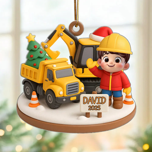 Cute Little Kid With Construction Struck - Personalized Acrylic Ornament - Christmas Gift for Kid, Grandkids