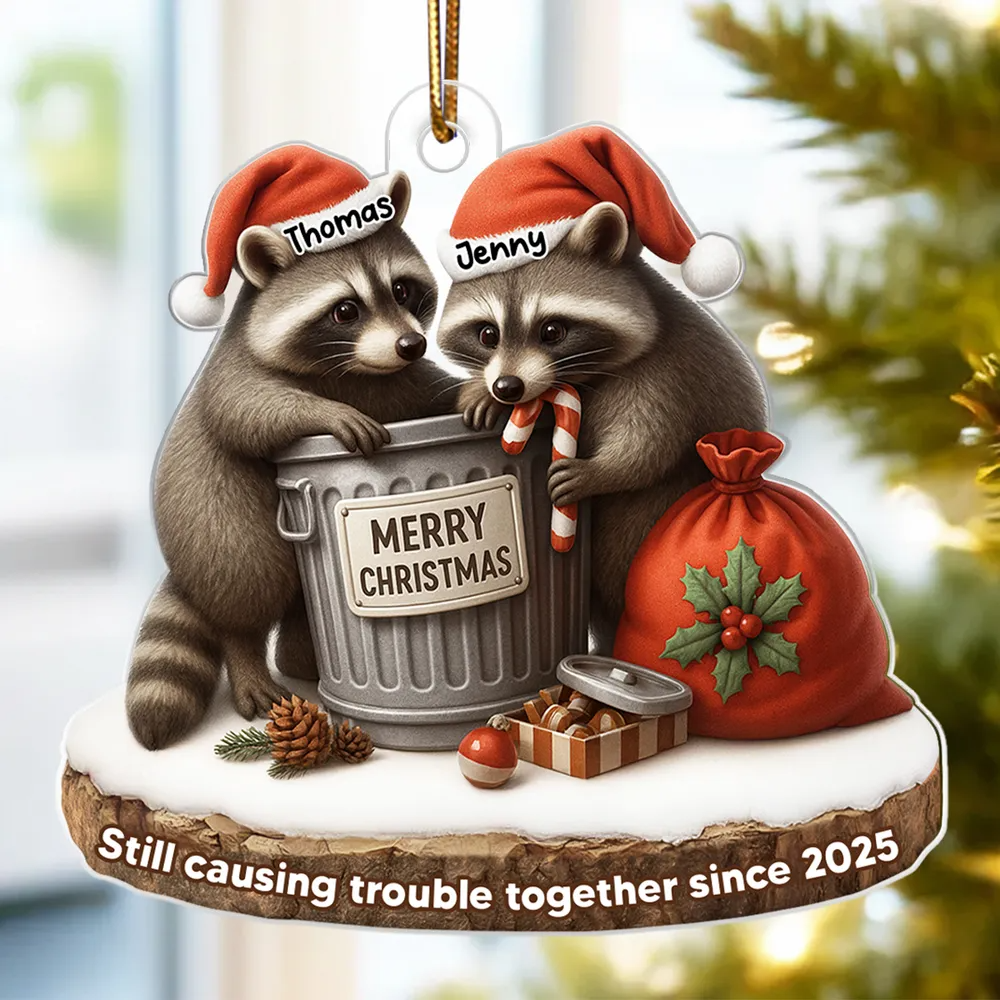 Together Through Trash & Treasure Funny Raccoon Couple - Personalized Acrylic Ornament - Christmas Gift for her, Gift for him