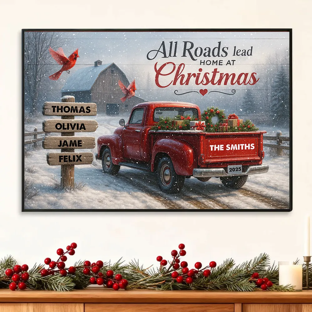 All Roads Lead Home at Christmas - Personalized Poster - Family Christmas Sign with Names, Christmas Home Decor