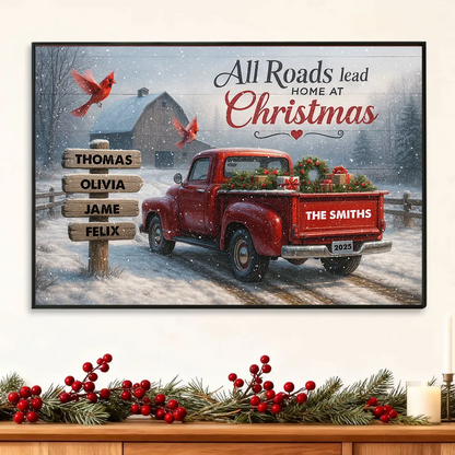 All Roads Lead Home at Christmas - Personalized Poster - Family Christmas Sign with Names, Christmas Home Decor