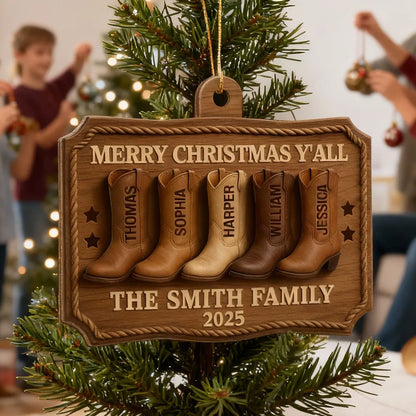 3D Effect Christmas Family Cowboy Boots Merry Christmas Y'all - Personalized Wooden Ornament - Gift For Family