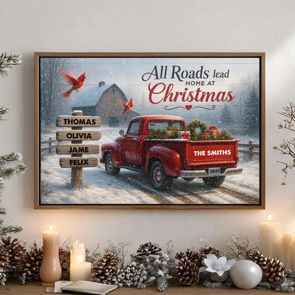 All Roads Lead Home at Christmas - Personalized Poster - Family Christmas Sign with Names, Christmas Home Decor