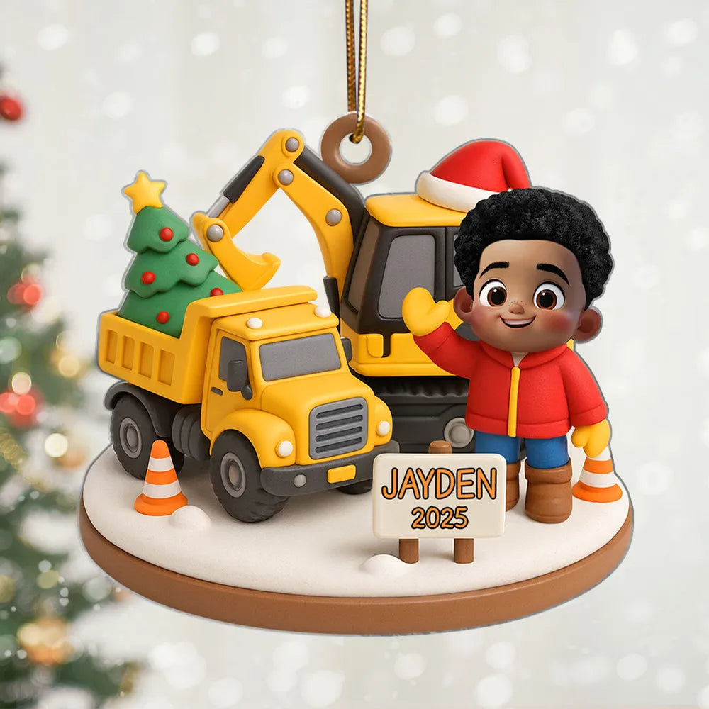 Cute Little Kid With Construction Struck - Personalized Acrylic Ornament - Christmas Gift for Kid, Grandkids