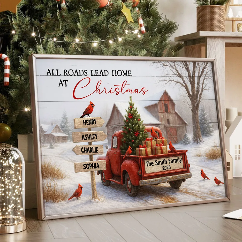 All Roads Lead Home at Christmas Rustic Farmhouse - Personalized Poster - Family Christmas Sign with Names, Christmas Home Decor