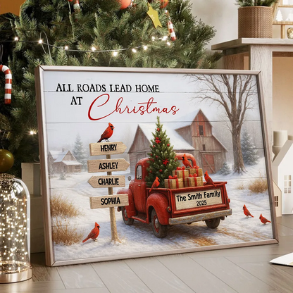 All Roads Lead Home at Christmas Rustic Farmhouse - Personalized Poster - Family Christmas Sign with Names, Christmas Home Decor
