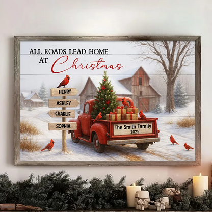 All Roads Lead Home at Christmas Rustic Farmhouse - Personalized Poster - Family Christmas Sign with Names, Christmas Home Decor