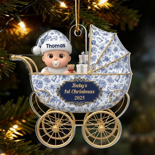 3D Effect Toile De Jouy Pattern Baby Inside Stroller - Personalized Acrylic Ornament - Baby First Christmas Keepsake
