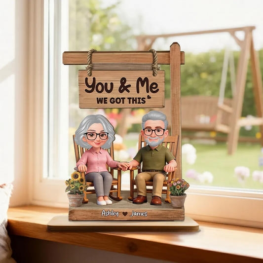3D Effect Old Couple Sitting On Rocking Chair - Personalized 2-Layered Wooden Plaque - Anniversary, Valentine's Day Gift For Him, Gift For Her