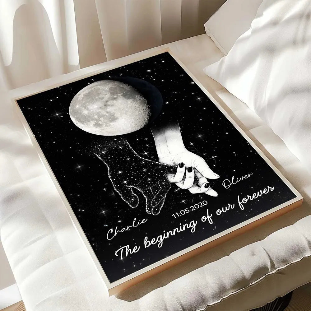 Galaxy Night Couple Holding Hands Custom Moon Phase Anniversary Date - Personalized Poster - Heartfelt Anniversary Gift, Valentine Gift, Wedding Gift For Couple